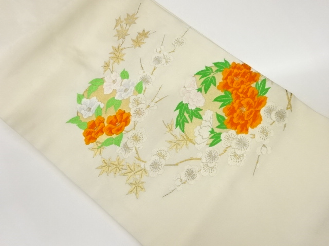 椿に牡丹・梅・紅葉模様織出し名古屋帯